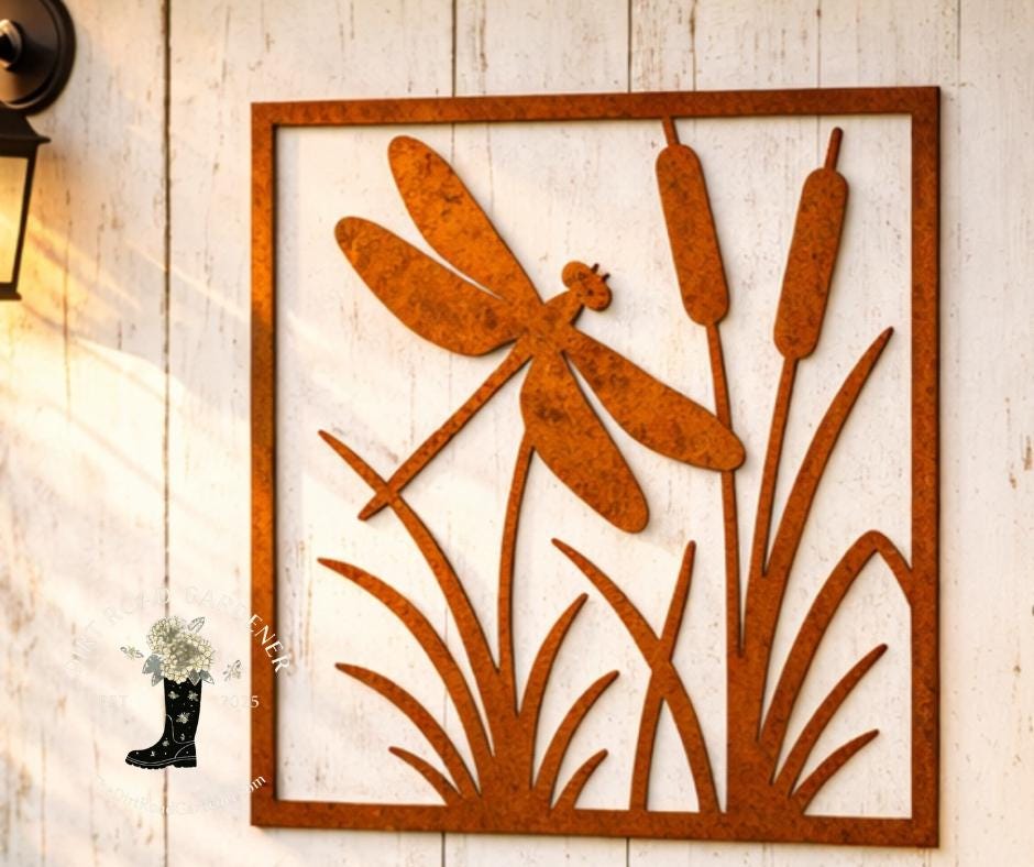 Metal Dragonfly Botanical Wall Panel | Square Rustic Farmhouse Wall Art | Cottage Garden Metal Decor | Nature Inspired Wall Panel