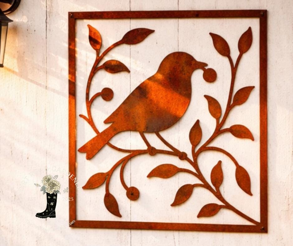 Metal Botanical Winer Berry Bird Wall Panel | Square Farmhouse Garden Art | Rustic Cottage Metal Wall Decor | Nature Inspired Wall Art