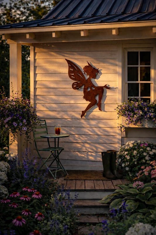 Twilight Garden Fairy Silhouette – Rustic Steel Outdoor Wall Art