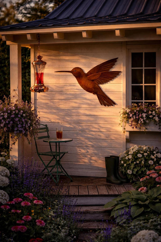 Evening Nectar Hummingbird Silhouette – Rustic Steel Garden Wall Art