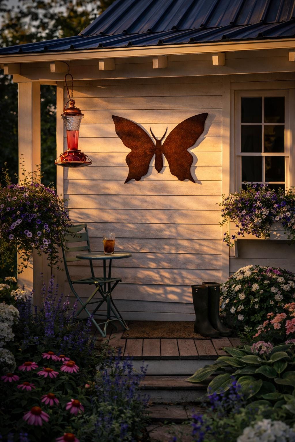 Golden Hour Butterfly Silhouette – Rustic Steel Garden Wall Art