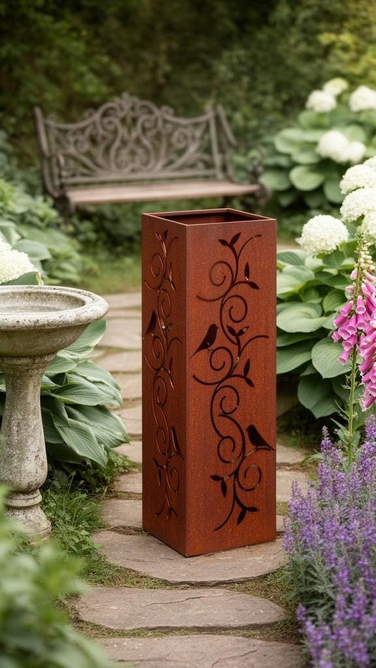 Rustic Steel Garden Column – Bird & Vine Design | 18" Outdoor Metal Column