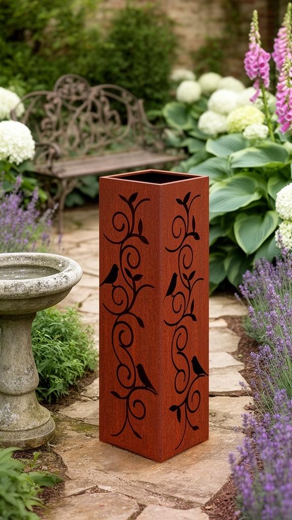 Rustic Steel Garden Column Set – 12", 18" & 24" Bird and Vine Design