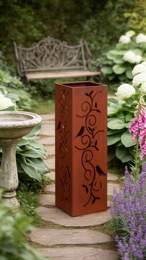 Rustic Steel Garden Column Set – 12", 18" & 24" Bird and Vine Design