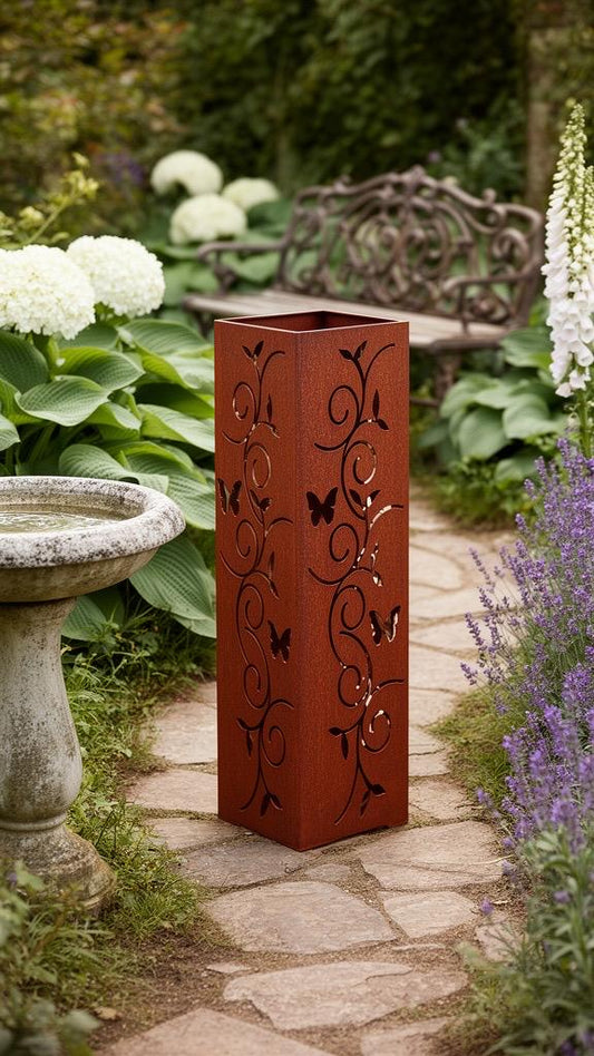 Rustic Steel Garden Column – Butterfly & Vine Design | 18" Outdoor Metal Column