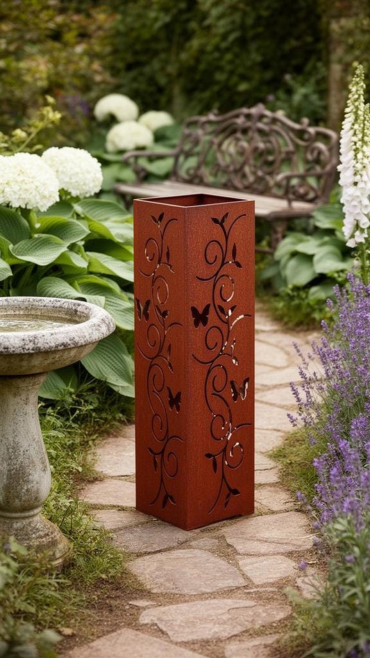 Rustic Steel Garden Column Set – 12" & 18" Butterfly and Vine Design