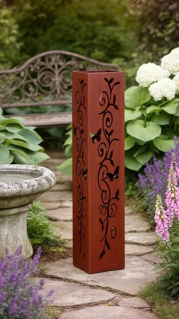 Rustic Steel Garden Column Set – 18" & 24" Butterfly and Vine Design