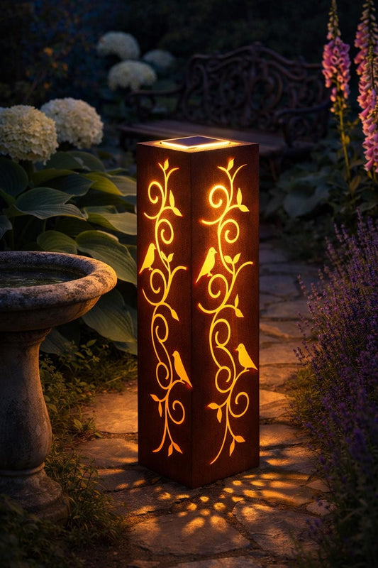 Steel Garden Luminary Set – 12" & 18" ~ Bird and Vine