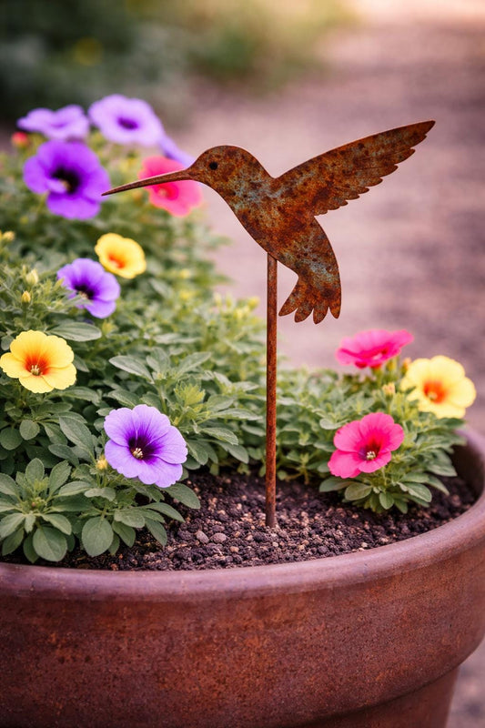 Hummingbird Garden Plant Pick | Mini Metal Bird Marker for Containers & Fairy Gardens