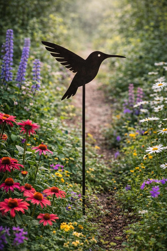 Flying Hummingbird Metal Garden Stake | Handmade Steel Garden Art