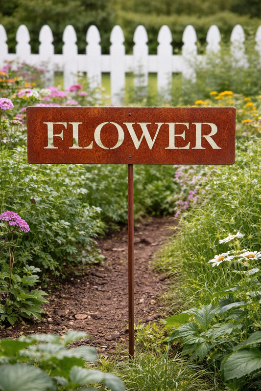 Flower Metal Garden Marker Sign | Handmade Steel Plaque Stake