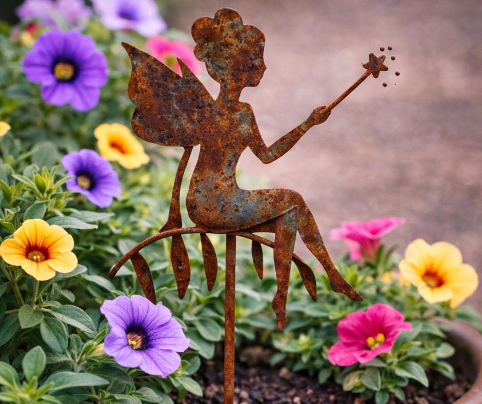 Handmade Steel Garden Fairy Plant Pick | Rustic Whimsical Decor