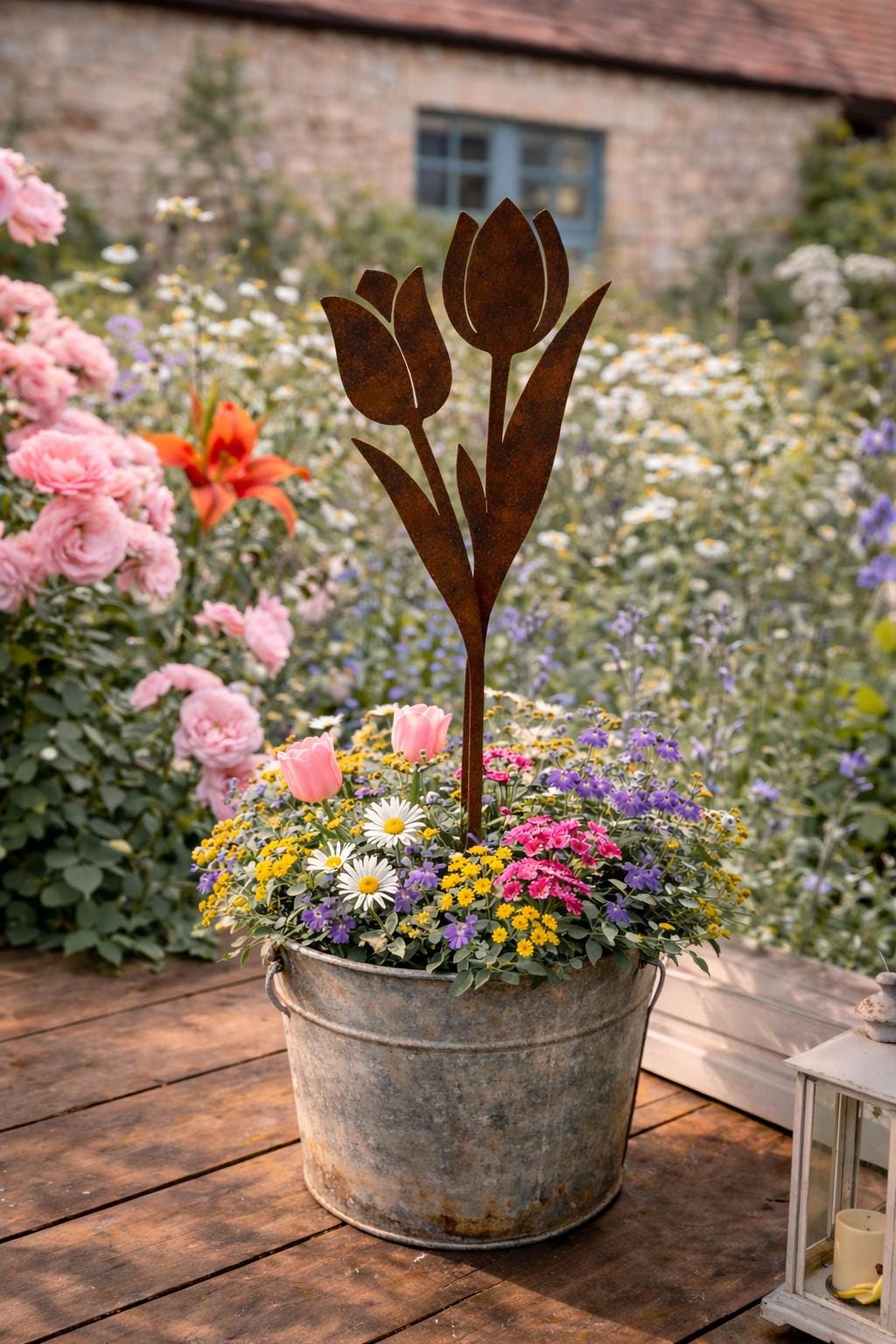 Tulip Bouquet Metal Garden Stake | Handmade Steel Garden Art