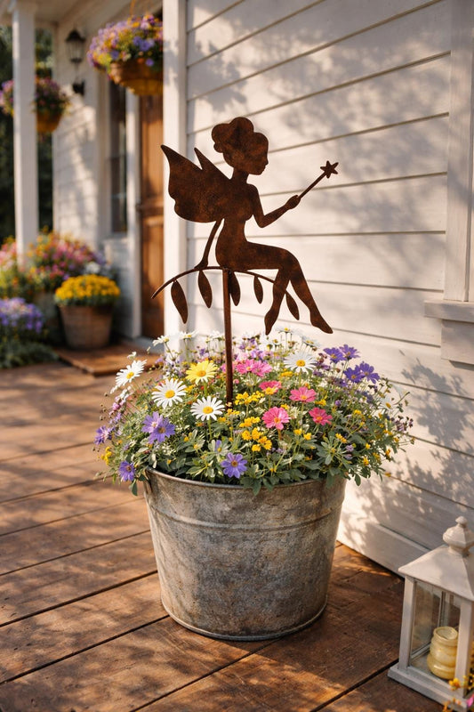 Seated Fairy with Wand Metal Garden Stake | Handmade Steel Garden Art