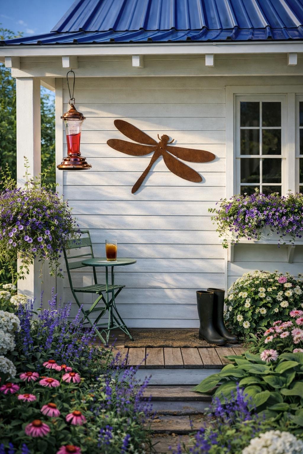 Golden Hour Dragonfly Silhouette – Rustic Steel Garden Wall Art