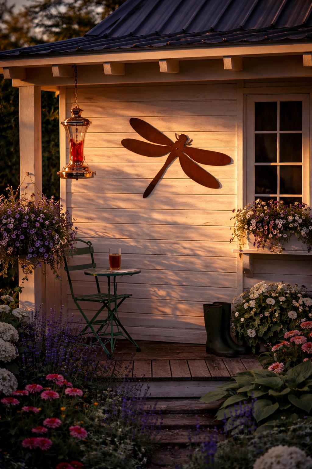 Golden Hour Dragonfly Silhouette – Rustic Steel Garden Wall Art