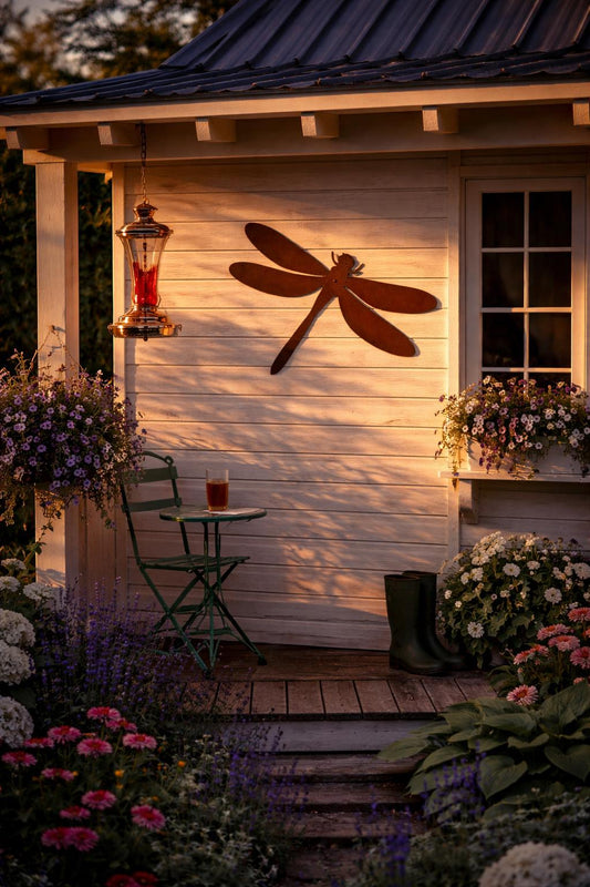 Golden Hour Dragonfly Silhouette – Rustic Steel Garden Wall Art