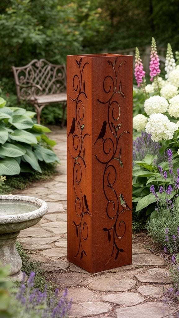 Rustic Steel Garden Column Set – 12", 18" & 24" Bird and Vine Design