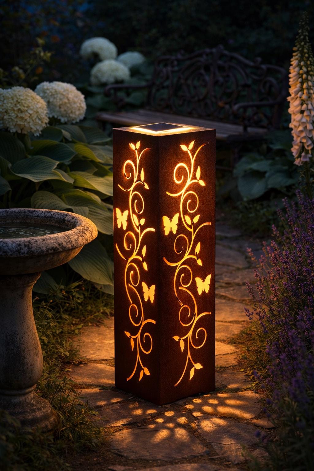 12" Steel Garden Luminary – Butterfly and Vine Designed Outdoor Solar Lantern