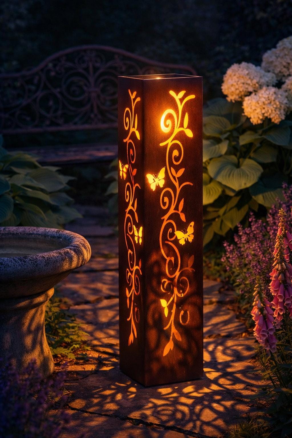 24" Steel Garden Luminary – Butterfly and Vine Outdoor Solar Lantern
