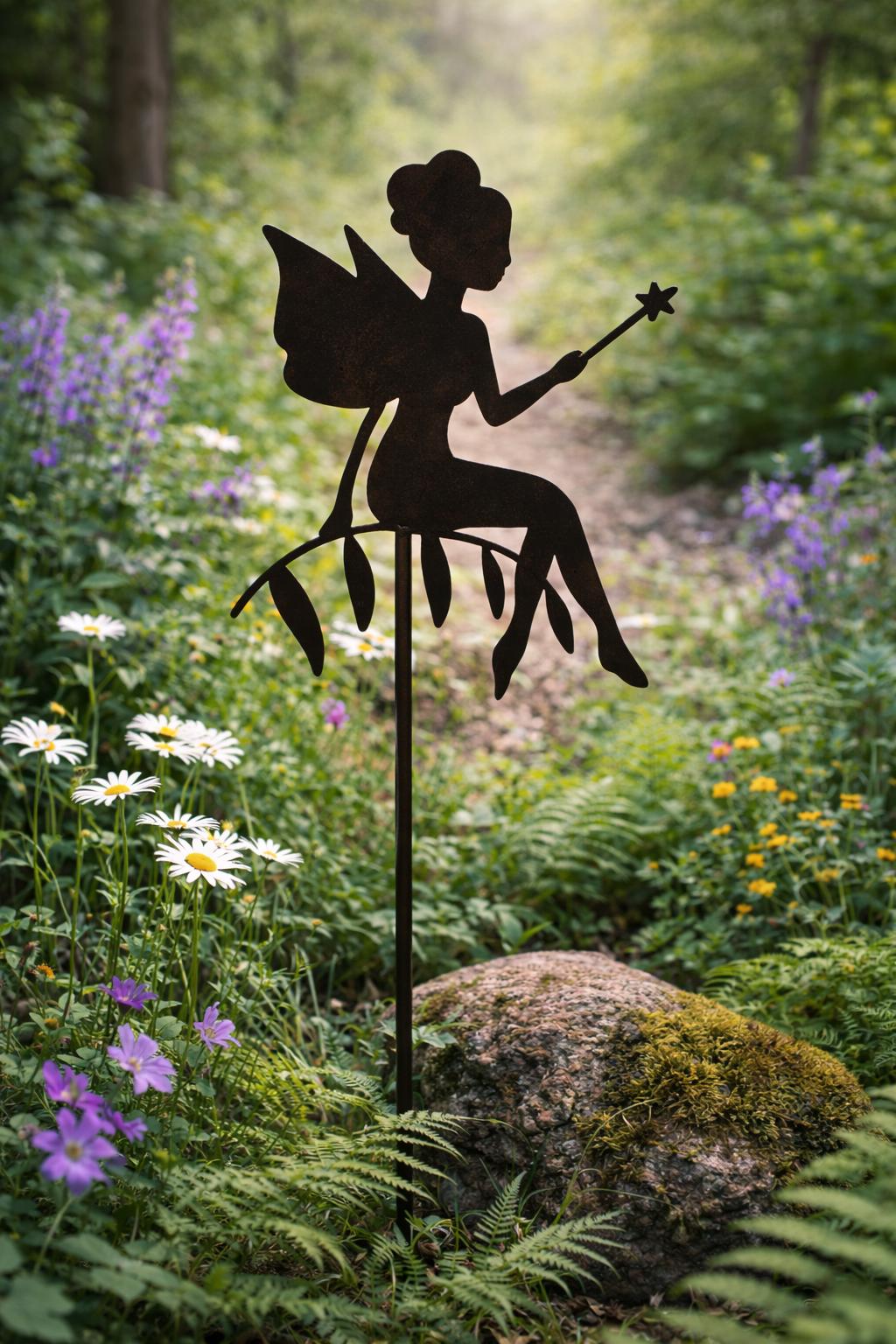 Seated Fairy with Wand Metal Garden Stake | Handmade Steel Garden Art