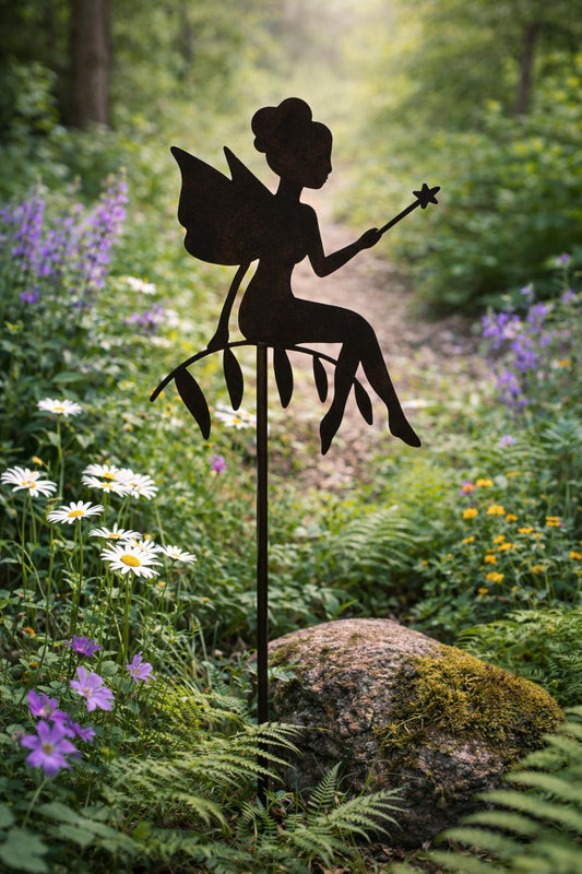 Seated Fairy with Wand Metal Garden Stake | Handmade Steel Garden Art