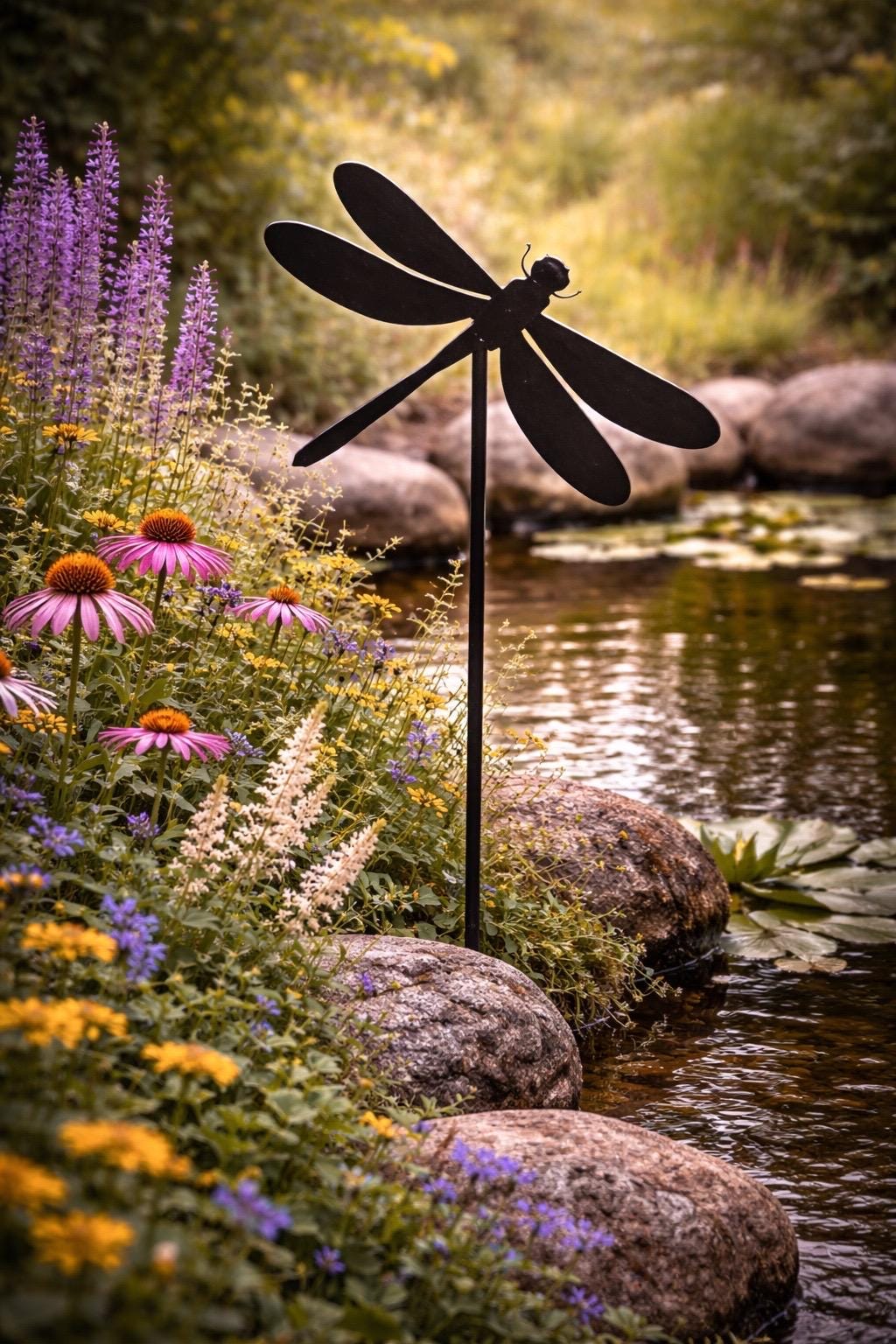 Flying Dragonfly Metal Garden Stake | Handmade Steel Garden Art