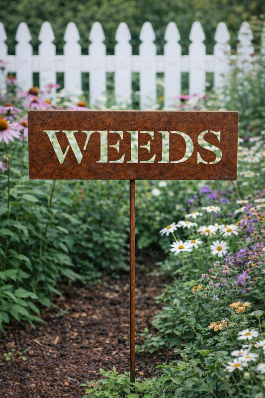 Weeds Metal Garden Marker Sign | Handmade Steel Plaque Stake