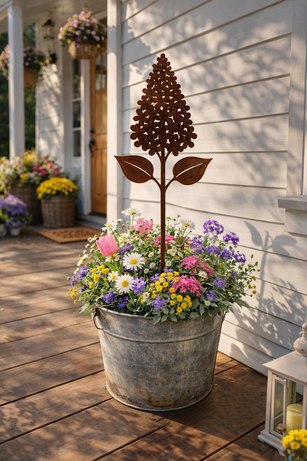 Blooming Garden Stem Metal Stake | Handmade Steel Garden Art