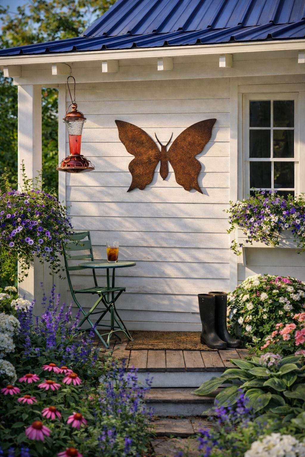 Golden Hour Butterfly Silhouette – Rustic Steel Garden Wall Art