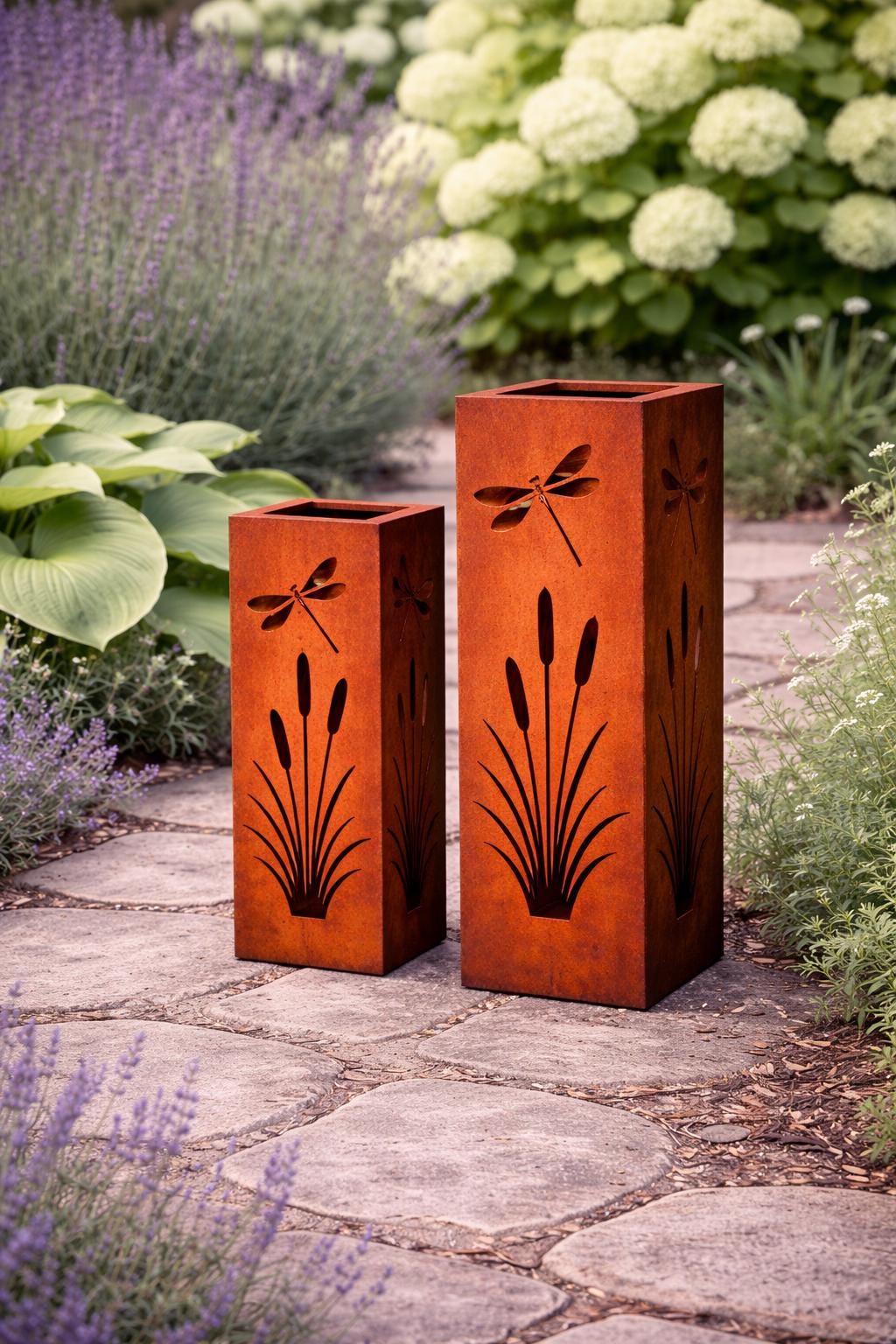 Dragonfly Garden Column Set (12” + 18”) – Layered Metal Columns for Cottage Garden Styling
