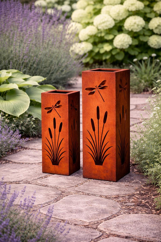 Dragonfly Garden Column Set (12” + 18”) – Layered Metal Columns for Cottage Garden Styling