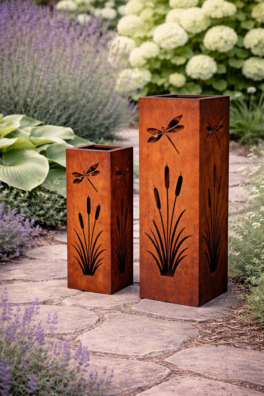 Dragonfly Garden Column Set (18” + 24”) – Layered Metal Luminary Pair for Garden & Patio Styling