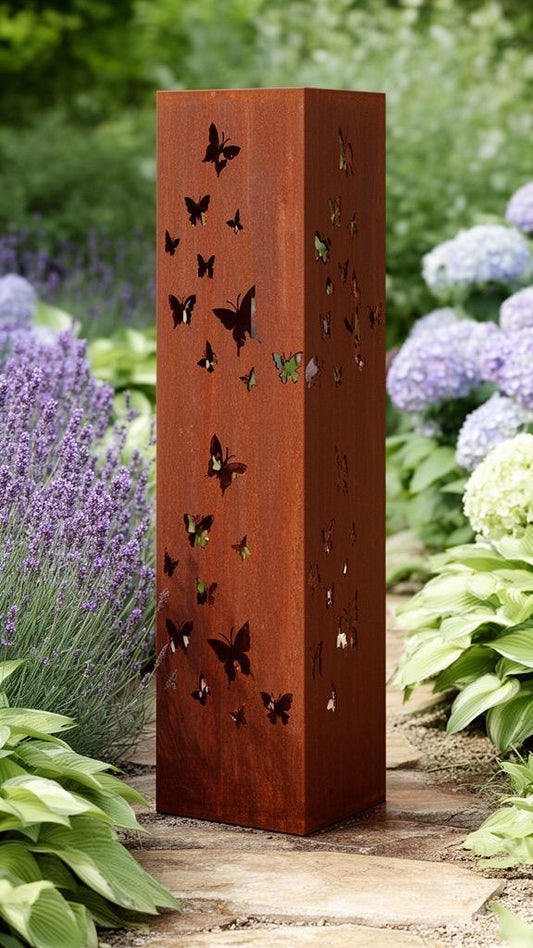 Extra Large Butterfly Garden Column – Statement Metal Luminary for Cottage & Flower Garden Styling 24”