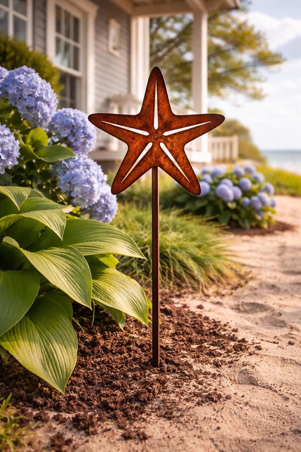 Starfish Garden Stake | Coastal Garden Decor | Beach House Yard Art | Rustic Metal Garden Stake | Nautical Outdoor Decor