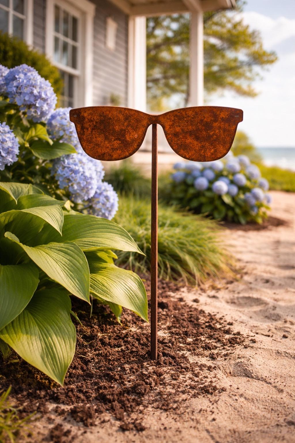 Sunglasses Garden Stake | Coastal Garden Decor | Beach House Yard Art | Rustic Metal Garden Stake | Summer Outdoor Decor