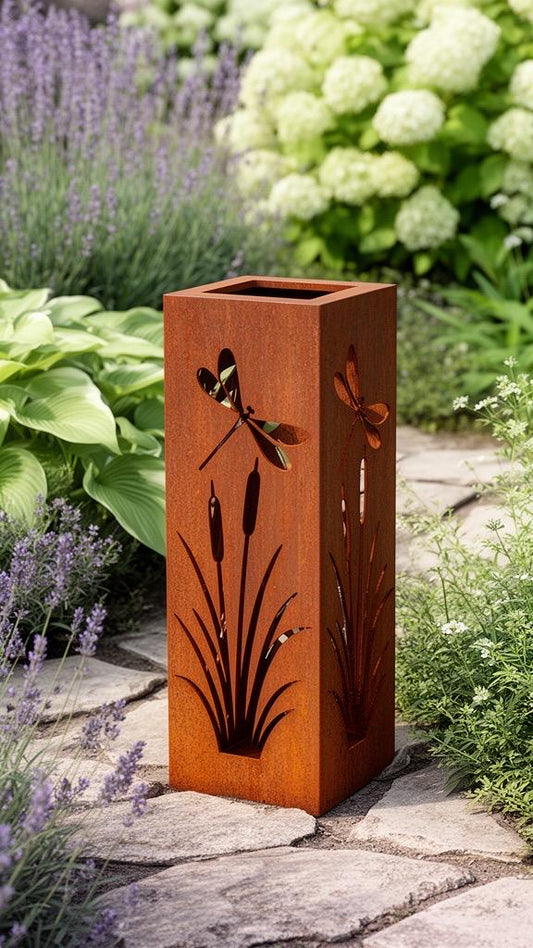 Dragonfly Garden Column – Rustic Metal Column for Cottage & Water Garden Styling 12”