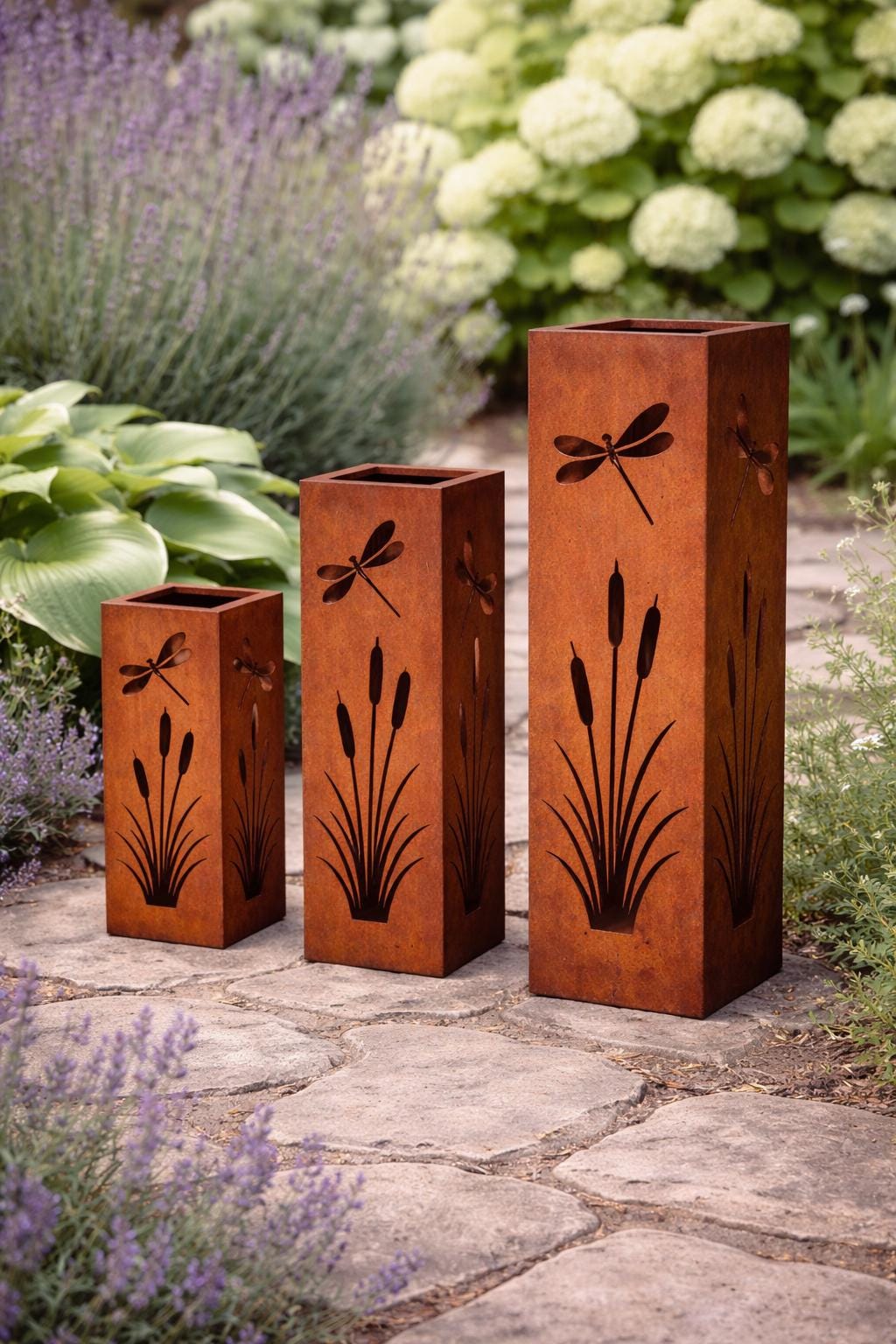 Large Dragonfly Garden Column – Rustic Steel Column for Cottage Gardens 18”