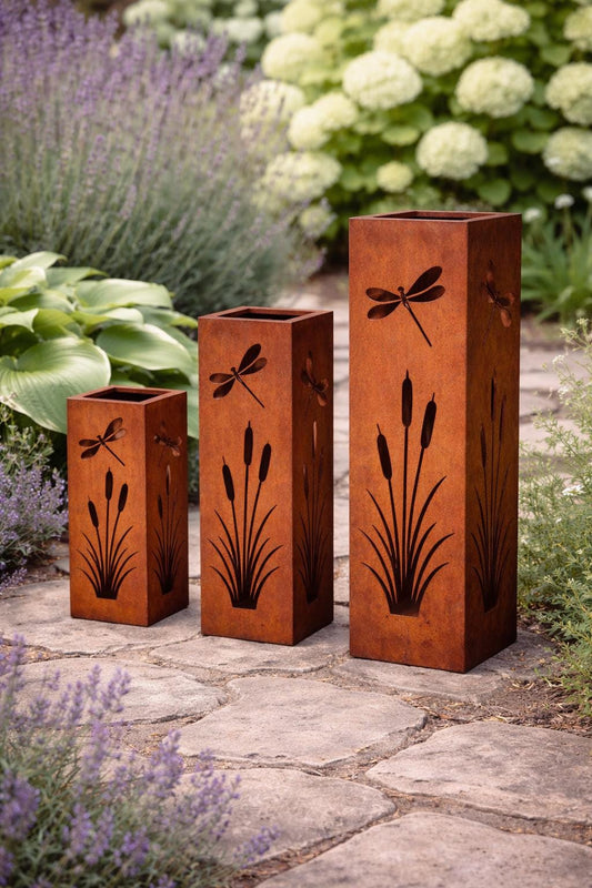 Dragonfly Garden Columns Trio – Rusted Steel Luminary Set 12” 18” 24”