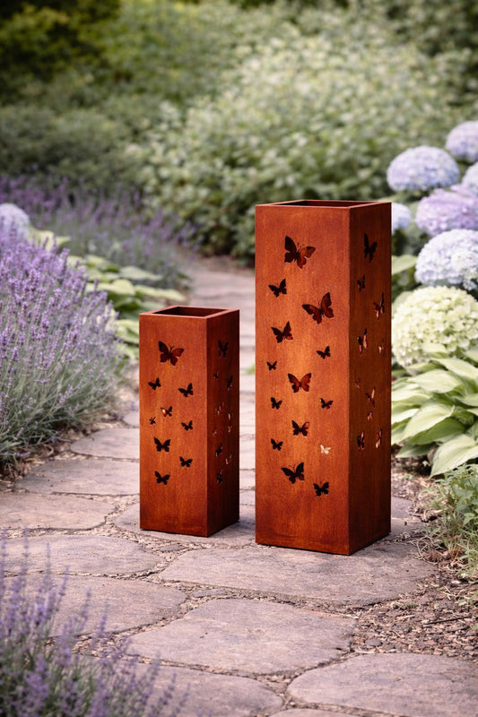 Butterfly Garden Column Set (12” + 18”) – Layered Metal Luminary Pair for Cottage Garden Styling