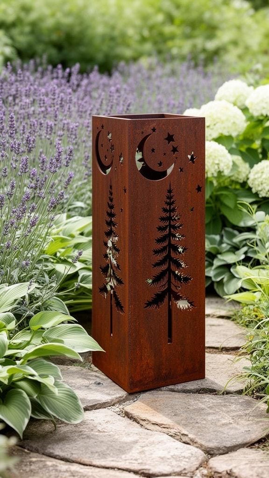 Extra Large Steel Garden Column – Moon, Stars, Alpine Trees (24 Inch)