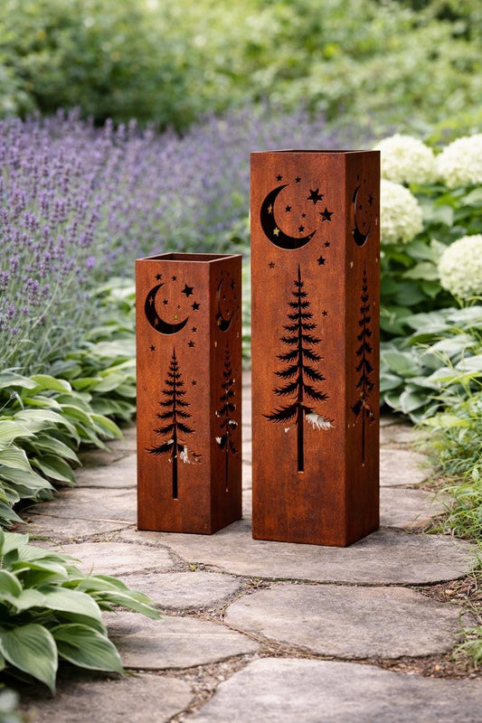 Steel Moon & Stars Garden Columns – Layered Patio Luminary Set