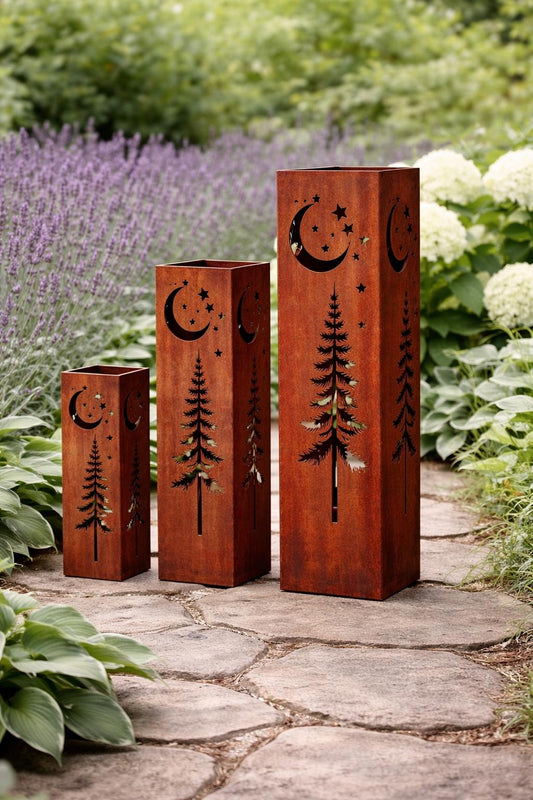 Steel Moon & Stars Garden Columns – Layered Set, 12"-24"