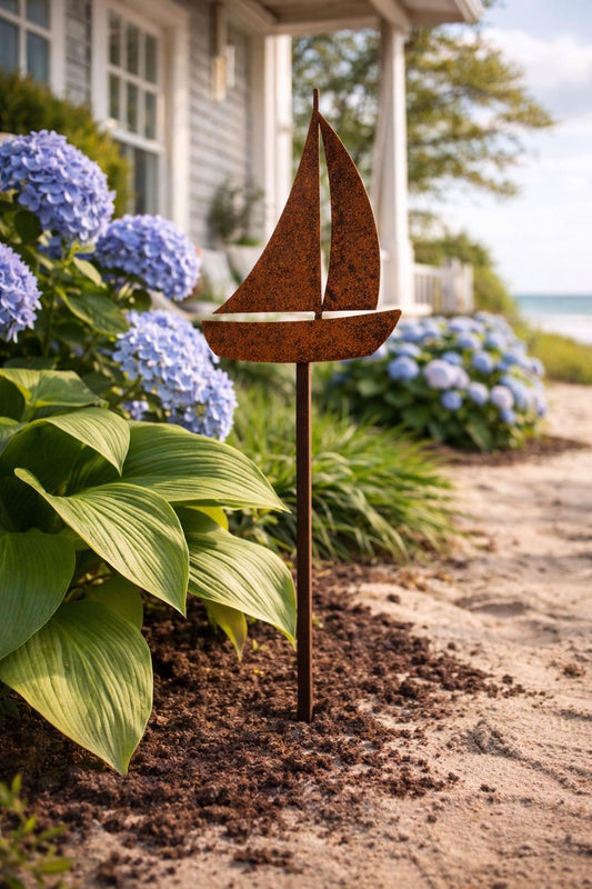 Sailboat Garden Stake | Coastal Garden Decor | Lake House Yard Art | Nautical Metal Garden Stake | Rustic Outdoor Decor