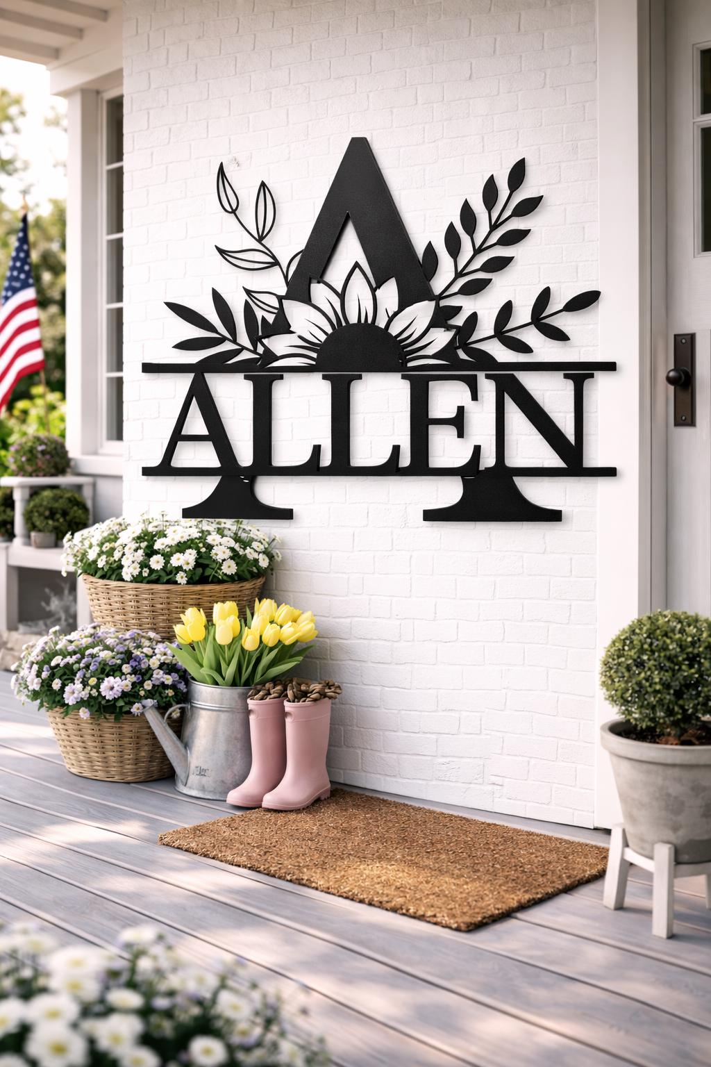 Personalized Letter A Metal Family Name Sign, Floral Monogram Wall Art, Porch Decor