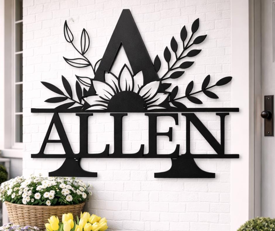 Personalized Letter A Metal Family Name Sign, Floral Monogram Wall Art, Porch Decor