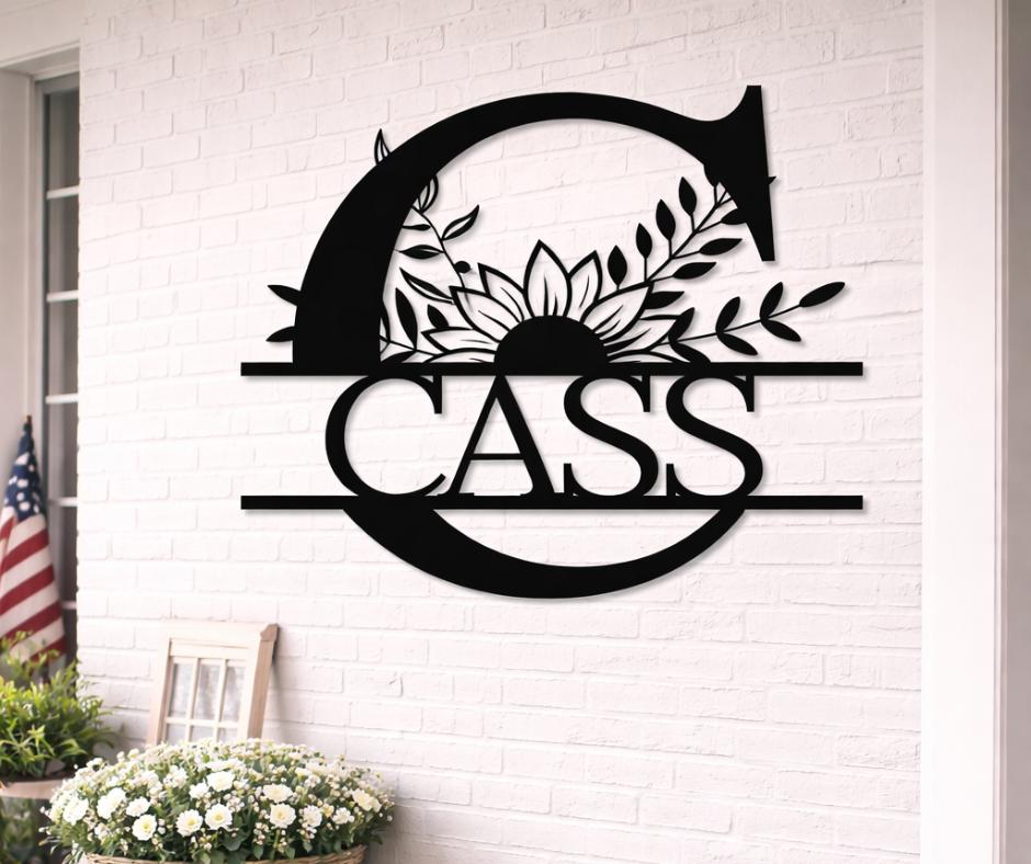 Personalized Metal Letter C Wall Art, Floral Monogram Family Name Sign