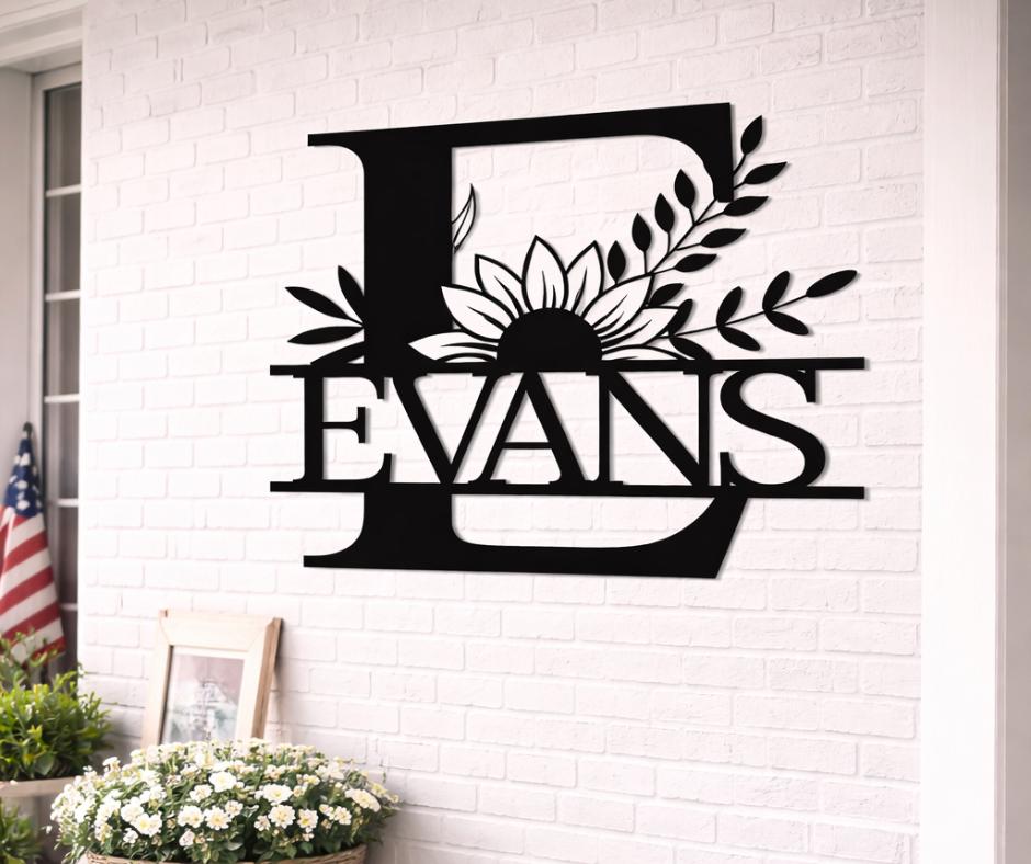 Personalized Letter E Metal Family Name Sign, Floral Monogram Wall Art, Porch Decor