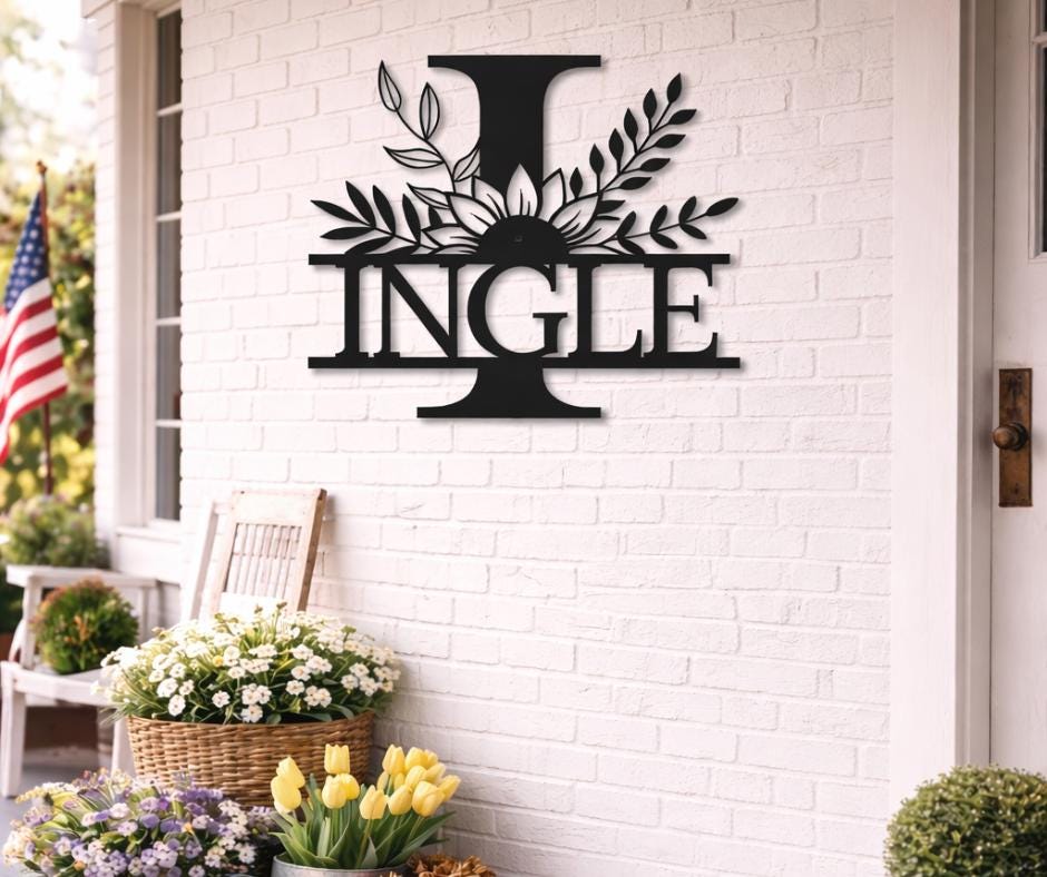 Personalized Letter I Metal Family Name Sign, Floral Monogram Wall Art