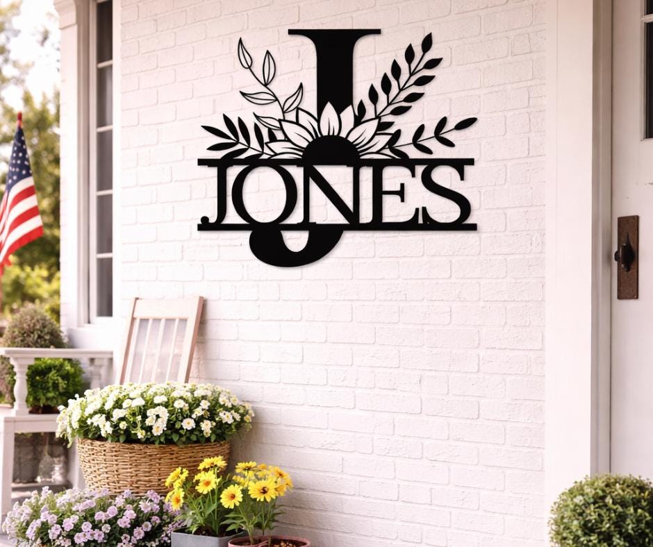 Personalized Letter J Metal Family Name Sign, Floral Monogram Wall Art, Porch Decor